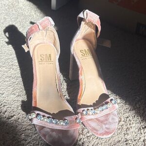 SM New York Blush Velvet Heels with Gem Accents